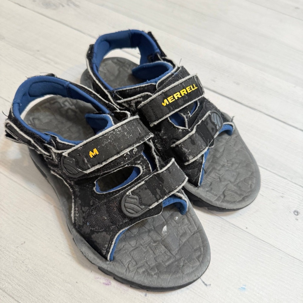 Merrell Hook and Loop Strap Sandals Black Blue Gray youth‎ mens size 6